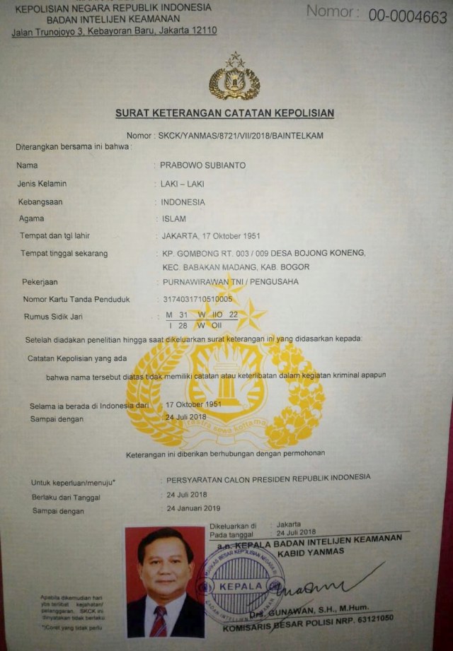 SKCK Prabowo Subianto untuk Maju Pilpres 2019. (Foto: Dok. Istimewa)