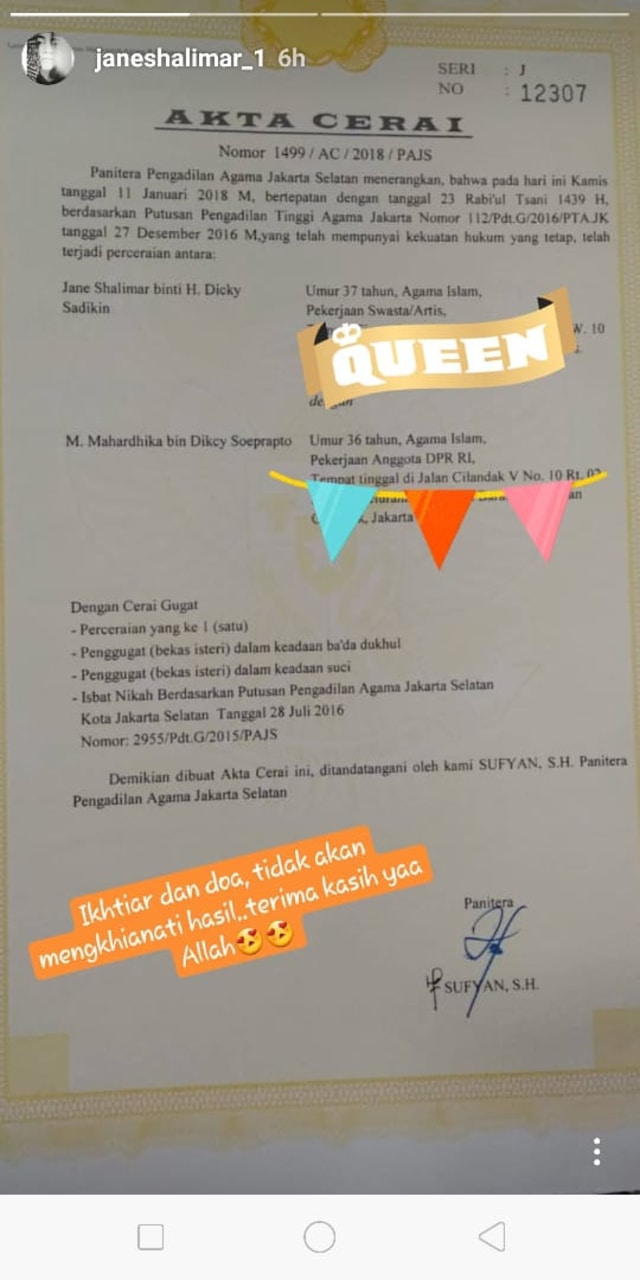 Jane Shalimar dapat Akta Cerai dengan Didi Mahardhika (Foto: Instagram @janeshalimar_1)