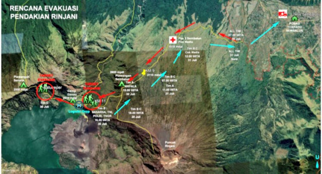 Rencana evakuasi pendaki yang terjebak di Gunung Rinjani. (Foto: Twitter @KementerianLHK)