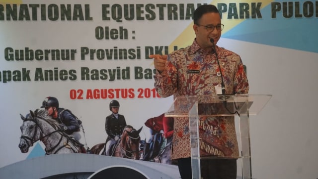 Gubernur Provinsi DKI Jakarta, Anies Baswedan di peresmian Jakarta Internasional Equestrian Park Pulomas, Kamis (28). (Foto: Irfan Adi Saputra/kumparan)