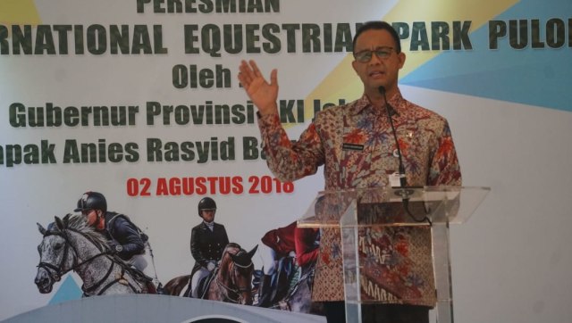 Gubernur Provinsi DKI Jakarta, Anies Baswedan di peresmian Jakarta Internasional Equestrian Park Pulomas, Kamis (2/8). (Foto: Irfan Adi Saputra/kumparan)