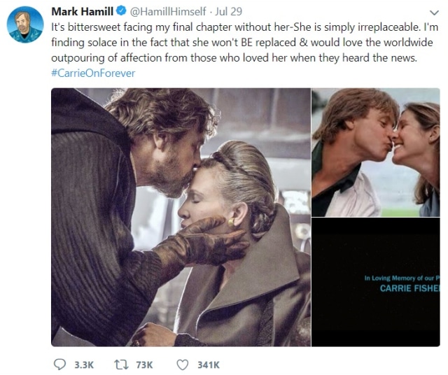 Tweet Mark Hamill untuk Carrie Fisher (Foto: Twitter @HamillHimself)