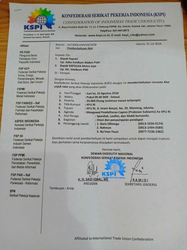 Aksi buruh kawal Prabowo daftar capres di KPU. (Foto: Dok. Istimewa)
