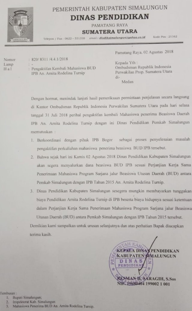 Pemkab Simalungun bayarkan beasiswa Arnita Rodelina Turnip (Foto: Ade Nurhaliza/kumparan)