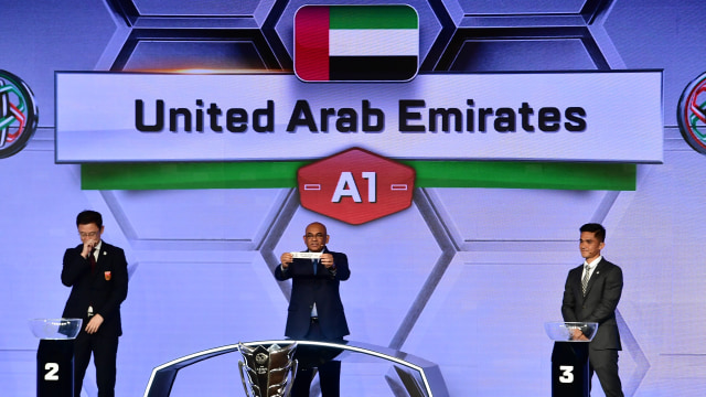 Uni Arab Emirates (UAE) ketika menjalani drawing awal di Asian Games 2018. (Foto: GIUSEPPE CACACE / AFP)