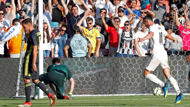 Gareth Bale rayakan gol ke gawang Juventus dalam laga ICC 2018. (Foto: Geoff Burke-USA TODAY Sports via Reuters)