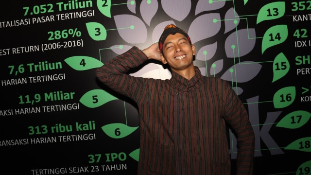 Fedi Nuril dengan karakter Doyok di peluncuran saham MD Pictures di BEI, Jakarta, Selasa (7/8). Foto: Munady Widjaja