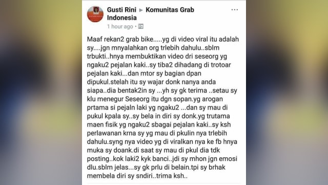 Klarifikasi Mitra Grab Gusti Rini yang memukul anggota koalisi pejalan kaki. (Foto: Facebook/Gusti Rini)