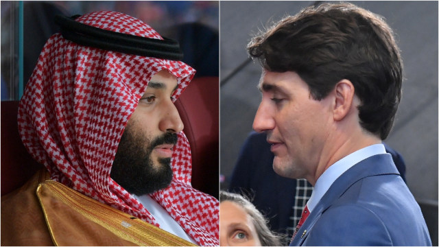 Mohamed Bin Salman sama Justin Trudeau. (Foto: AFP/Alexey DRUZHININ, EMMANUEL DUNAND)