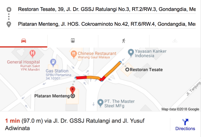 Jarak Restoran Tesate (tempat Mahfud MD menunggu) dan Plataran Menteng (tempat koalisi Jokowi berkumpul), Kamis (9/8/2018). (Foto: Google Maps)
