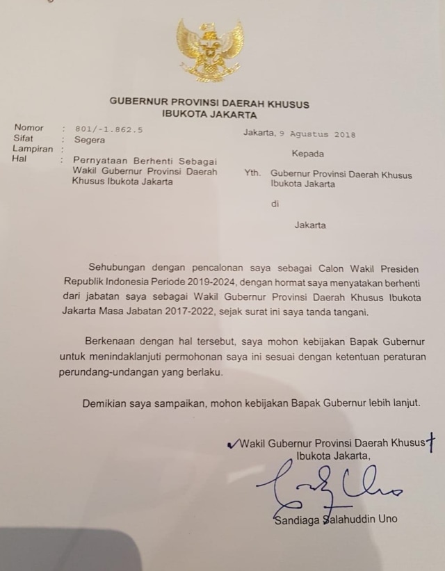 Surat pengunduran diri Wakil Gubernur Sandiaga Uno. (Foto: Dok. Istimewa)