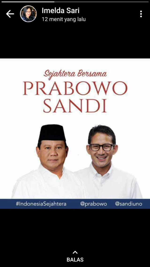 Partai Demokrat mendukung Prabowo Subianto - Sandiaga Uno. (Foto: Instagram story/@Imelda Sari)