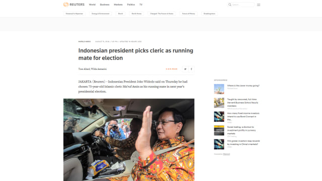 Kantor berita Inggris Reuters memberitakan pencalonan Ma'ruf Amin sebagai cawapres Joko Widodo. (Foto: screenshot Reuters)