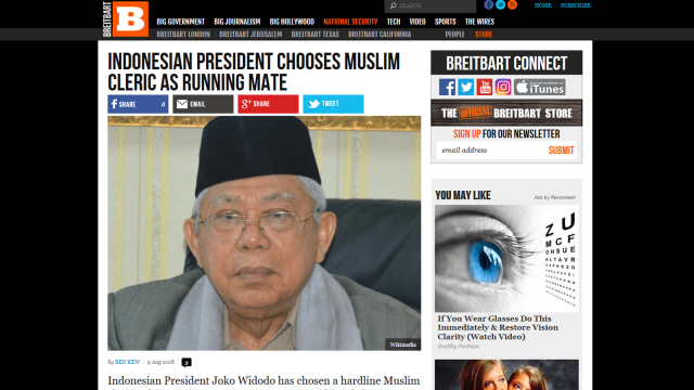 Media breitbart memberitakan pencalonan Ma'ruf Amin sebagai cawapres Joko Widodo. (Foto: screenshot breitbart)