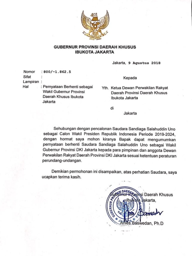 Surat Anies ke DPRD terkait pengunduran diri Sandi. (Foto: Dok. Istimewa)