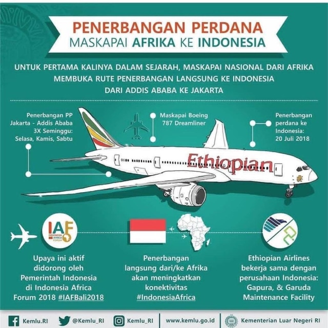 Penerbangan perdana maskapai Afrika ke Indonesia. (Foto: Dok Kemlu)
