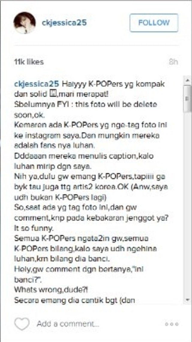 Komentar Chika Jessica soal Luhan. (Foto: Dok Istimewa)