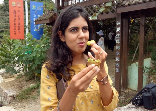Jurnalis dari India mencicipi kiwi China (Foto: Rachmadin Ismail)