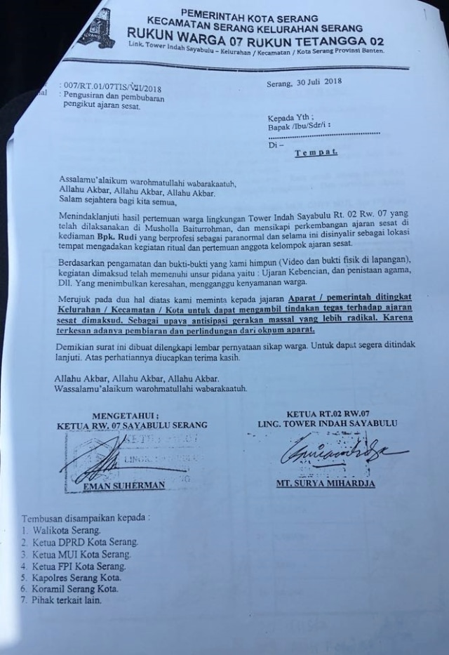 Surat penolakan warga terkait adanya kegiatan Sekte Kerajaan Ubur-ubur di Serang, Banten. (Foto: Dok. Istimewa)