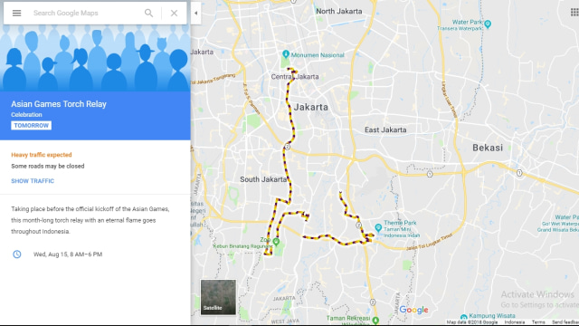 Rute Asian Games 2018 Torch Relay di Google Maps. (Foto: Screenshot Google Maps)