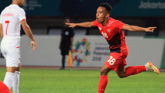 Irfan Jaya merayakan gol Timnas U-23 ke gawang Palestina. (Foto: Hery Sudewo/Antara)