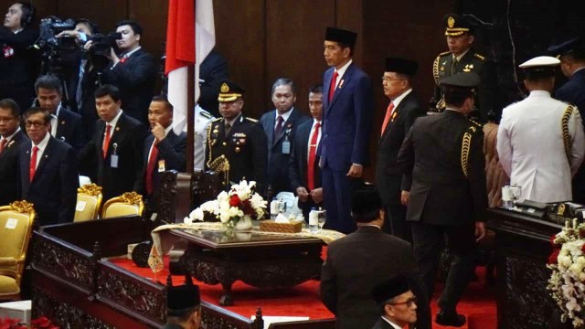 Presiden RI, Ir. Joko Widodo dan Wakil Presiden, Jusuf Kalla turut hadir di sidang tahunan MPR, Jakarta (16/8/2018). (Foto: Sidang tahunan MPR)