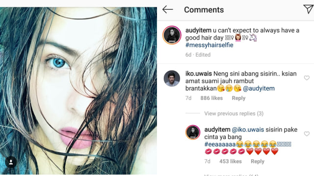 Berbalas komentar antara Audy Item dan sang suami, Iko Uwais (Foto: Instagram @audyitem)