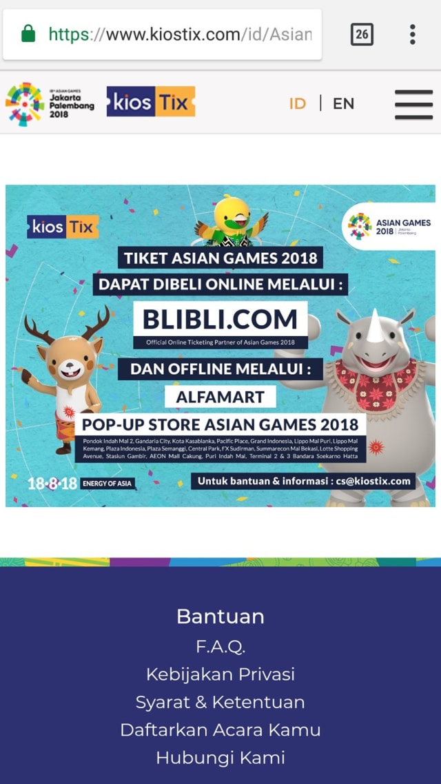 Tangkapan layar situsweb KiosTix yang menyebutkan tiket Asian Games 2018 bisa dibeli via Blibli dan Alfamart. (Foto: kumparan/Aditia Rijki Nugraha)