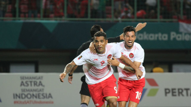 Selebrasi gol dari Tim Indonesia saat melawan Laos dalam laga Asian Games di Stadion Patriot, Bekasi, Jumat (17/8/2018). (Foto: Nugroho Sejati/kumparan)