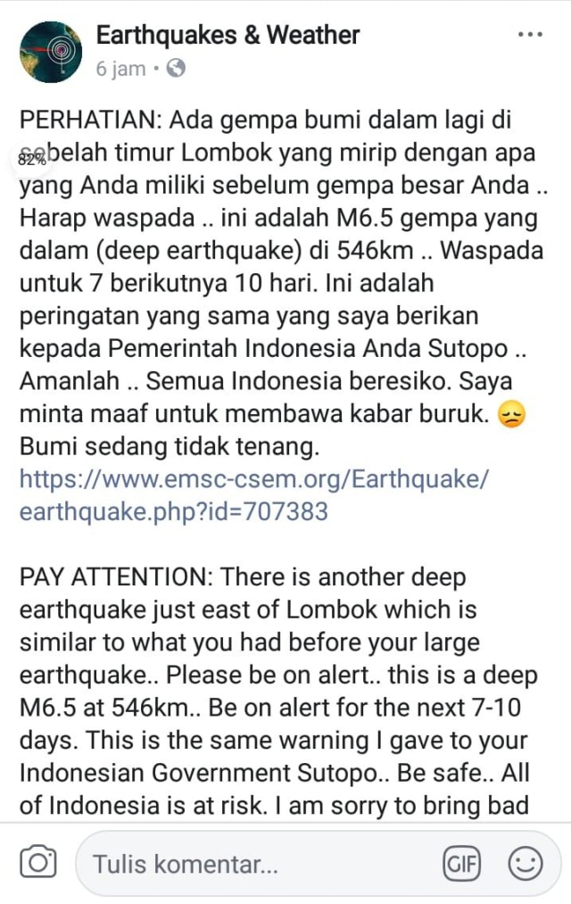 Hoaks prediksi gempa di Lombok. (Foto: Harry Tirto, Humas BMKG)