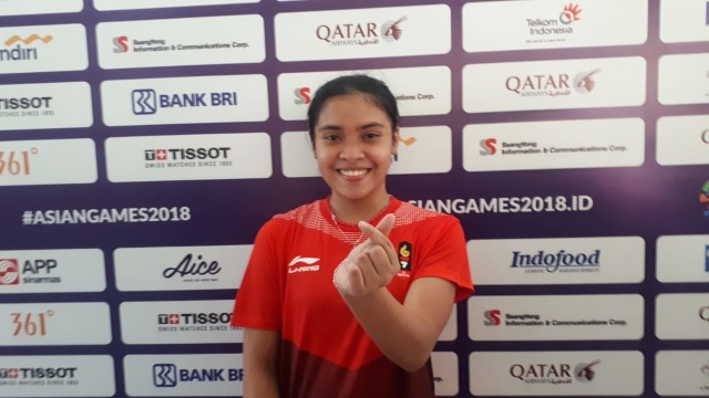 Gregoria Mariska Tunjung usai mengalahkan wakil Hong Kong di 16 besar bulu tangkis putri Asian Games 2018. (Foto: kumparan/Karina Nur Shabrina)