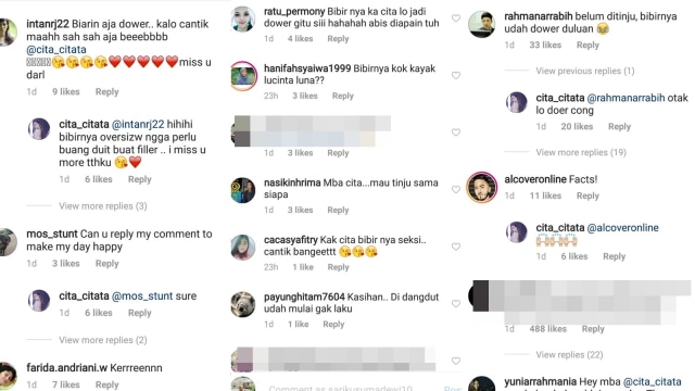 Komentar netizen soal bibir Cita Citata yang tampak berbeda. (Foto: Instagram @cita_citata)
