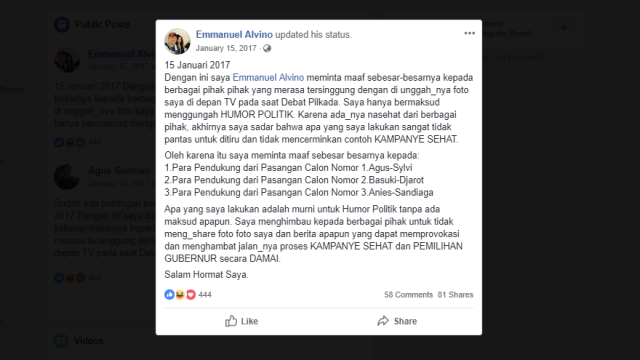 Unggahan Emmanuel Alvino terkait Pilkada DKI Jakarta. (Foto: Facebook/Emmanuel Alvino )