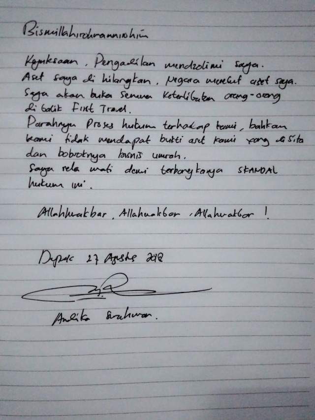 Surat tangan bos First Travel, Andika Surachman. (Foto: Dok. Istimewa)