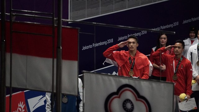 Jonatan Christie dan Anthony Sinisuka Ginting mendapat emas di cabang olah raga bulu tangkis Asian Games 2018, Selasa (28/8/2018). (Foto: Aditia Noviansyah/kumparan)