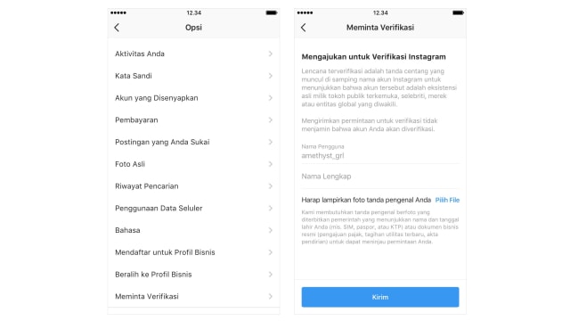 Permintaan verifikasi akun Instagram (Foto: Instagram)