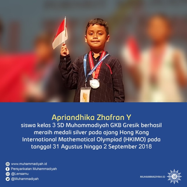 Apriandhika Zhafran Y. pemenang medali perak di  Hong Kong International Mathematical Olympiad (HKIMO). (Foto: Twitter/@Muhammadiyah)