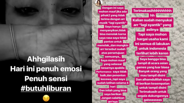 Curhatan Siti Badriah tentang penampilannya di penutupan Asian Games 2018. (Foto: Instagram @sitibadriahh)