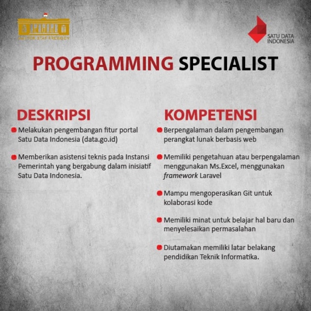 Lowongan Programming Specialist (Foto: Facebook/ Satu Data Indonesia)