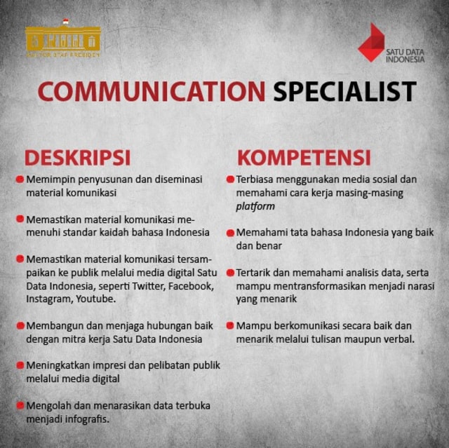 Lowongan Communication Specialist (Foto: Facebook/ Satu Data Indonesia)