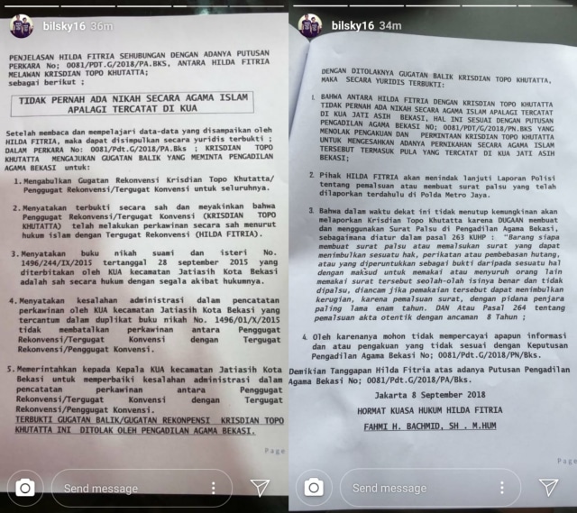 Surat banding Hilda Vitria terhadap Kriss Hatta. (Foto: Instagram story/@bilsky)