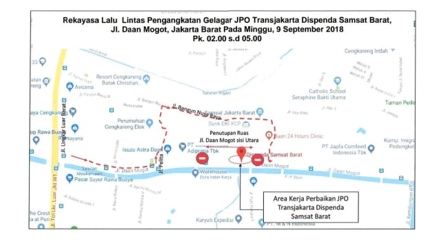 Peta Rekayasa Lalu Lintas Pengangkatan Gelagar JPO Transjakarta Dispenda Samsat Barat, Jakarta Barat. (Foto: Instagram/@dishubdkijakarta)