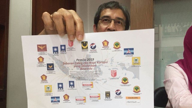 Peta Caleg mantan koruptor di berbagai daerah di Indonesia. Hanya PDIP, PSI, PPP, dan PKB yang tidak mengusung mantan koruptor nyaleg, Minggu (9/9/2019). (Foto: Mirsan/kumparan)