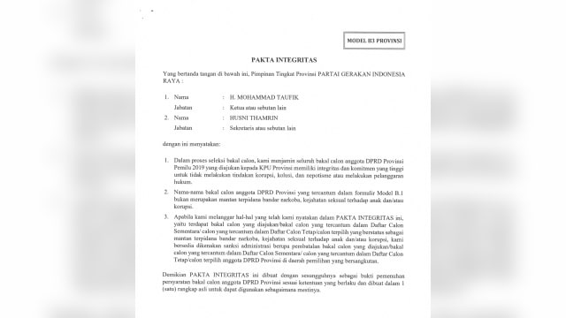 Form Pakta Integritas Gerindra DKI Jakarta (Foto: Dok. Istimewa)