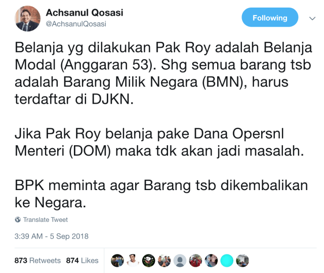 Twit anggota BPK Achsanul Qosasi soal aset negara yang dikuasai Roy Suryo (Foto: Twitter @AchsanulQosasi)