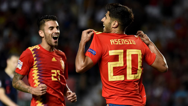 Perayaan Marco Asensio setelah mencetak gol dalam laga Spanyol vs Kroasia. (Foto: Jose Jordan/AFP)
