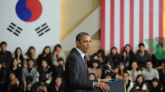 Barack Obama pidato di Hankuk University of Foreign Studies di Seoul, (26/32012). (Foto: AFP/Jewel Samad)