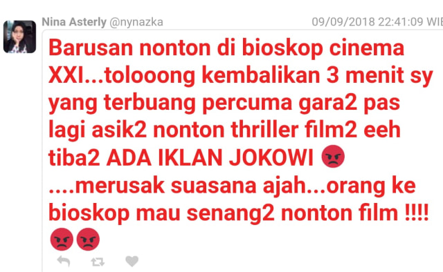 Salah satu twit netizen soal iklan Jokowi di bioskop (9/9/2018). (Foto: Twitter)