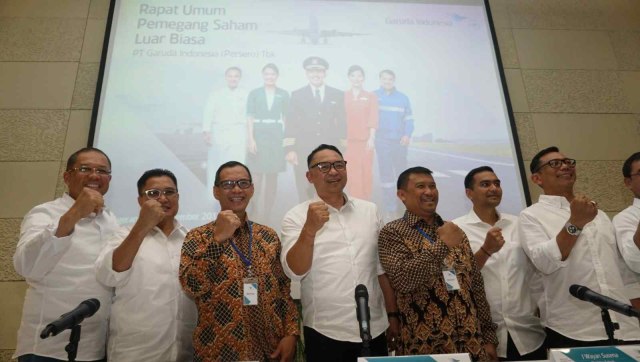 Seusai rapat umum pemegang saham luar biasa PT Garuda Indonesia (Persero) Tbk, Komp Perkantoran Soekarno Hatta, Rabu (12/9/2018). (Foto: Irfan Adi Saputra/kumparan)