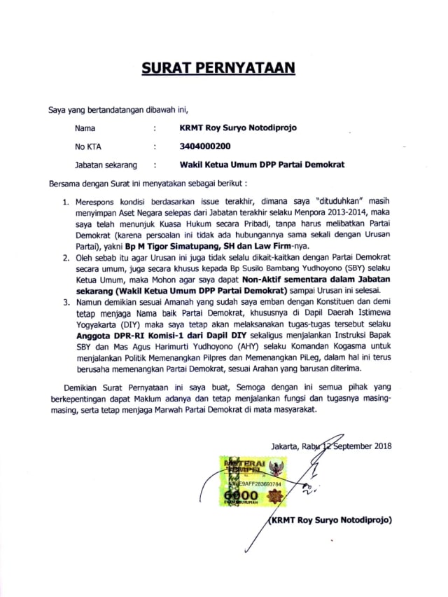 Surat pernyataan Roy Suryo perihal aset Kemenpora. (Foto: Dok. Istimewa)